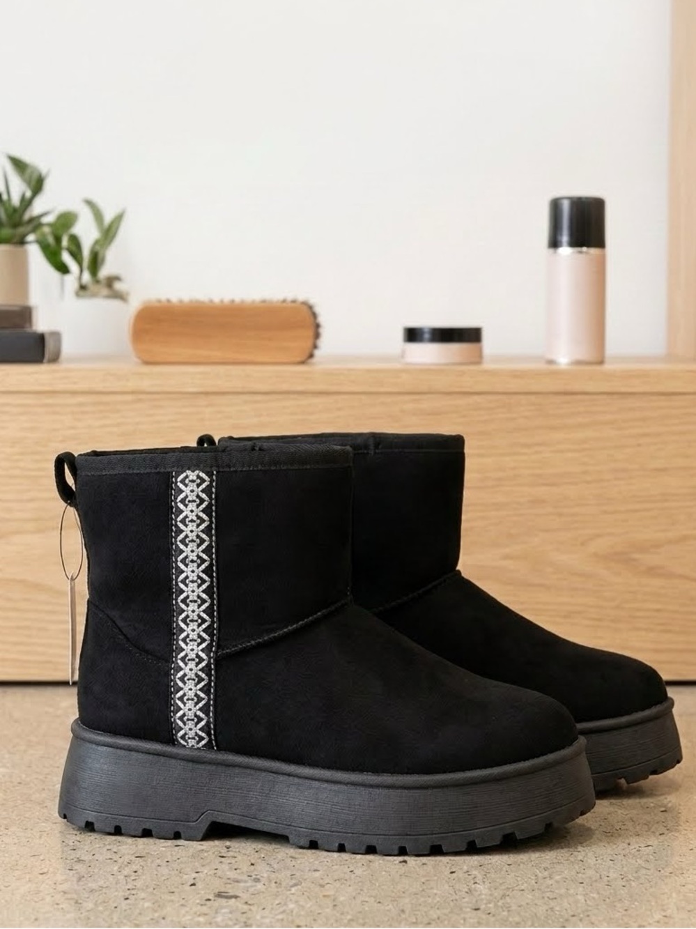 Women's Black Platform Ankle Boots with Decorative Side Trim